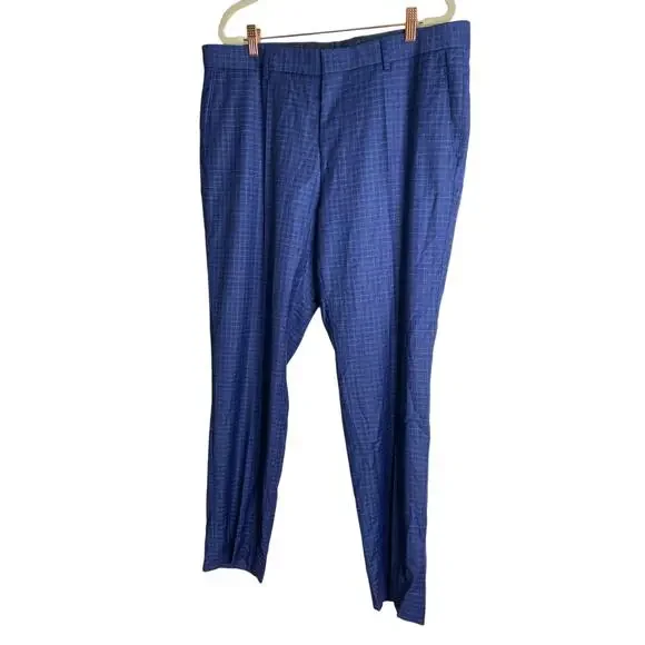 Hugo Boss Suit Pants Slim-Fit 100% Virgin Wool Blue Windowpane Plaid Size 42R US Men
